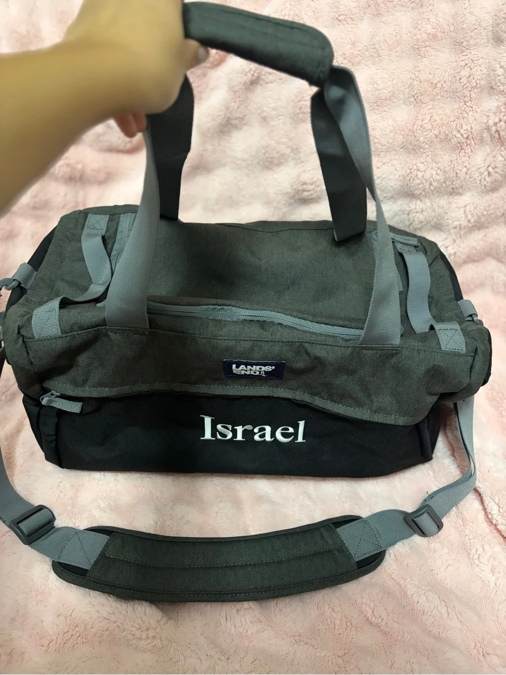 Lands' End two-tone gray and black men's duffel with 'Israel' embroidery